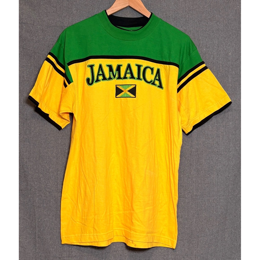 Island Tees Jamaica Graphic T-Shirt Mens Large Yellow Green Embroidered Shirt